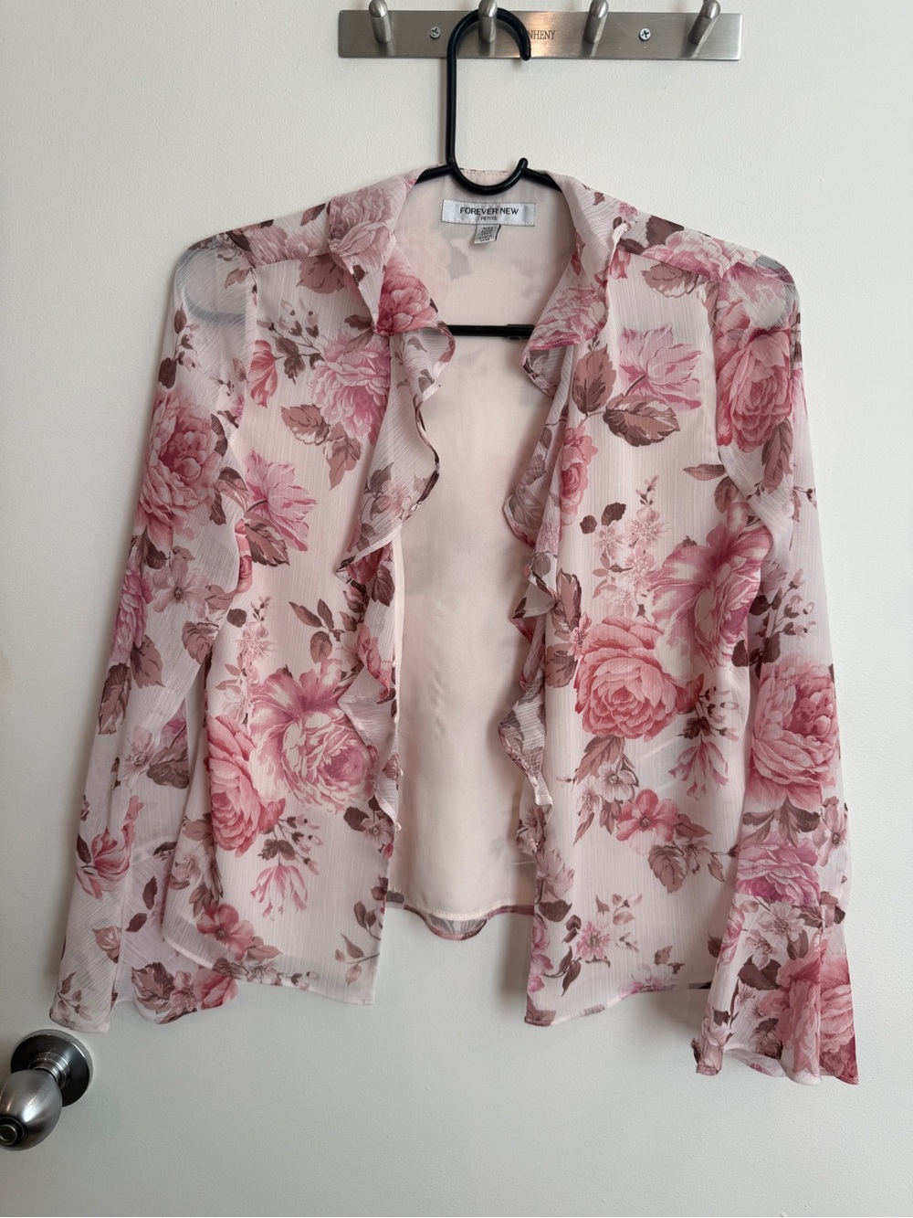 Forever New Pink Floral Ruffle Open Front Blouse
